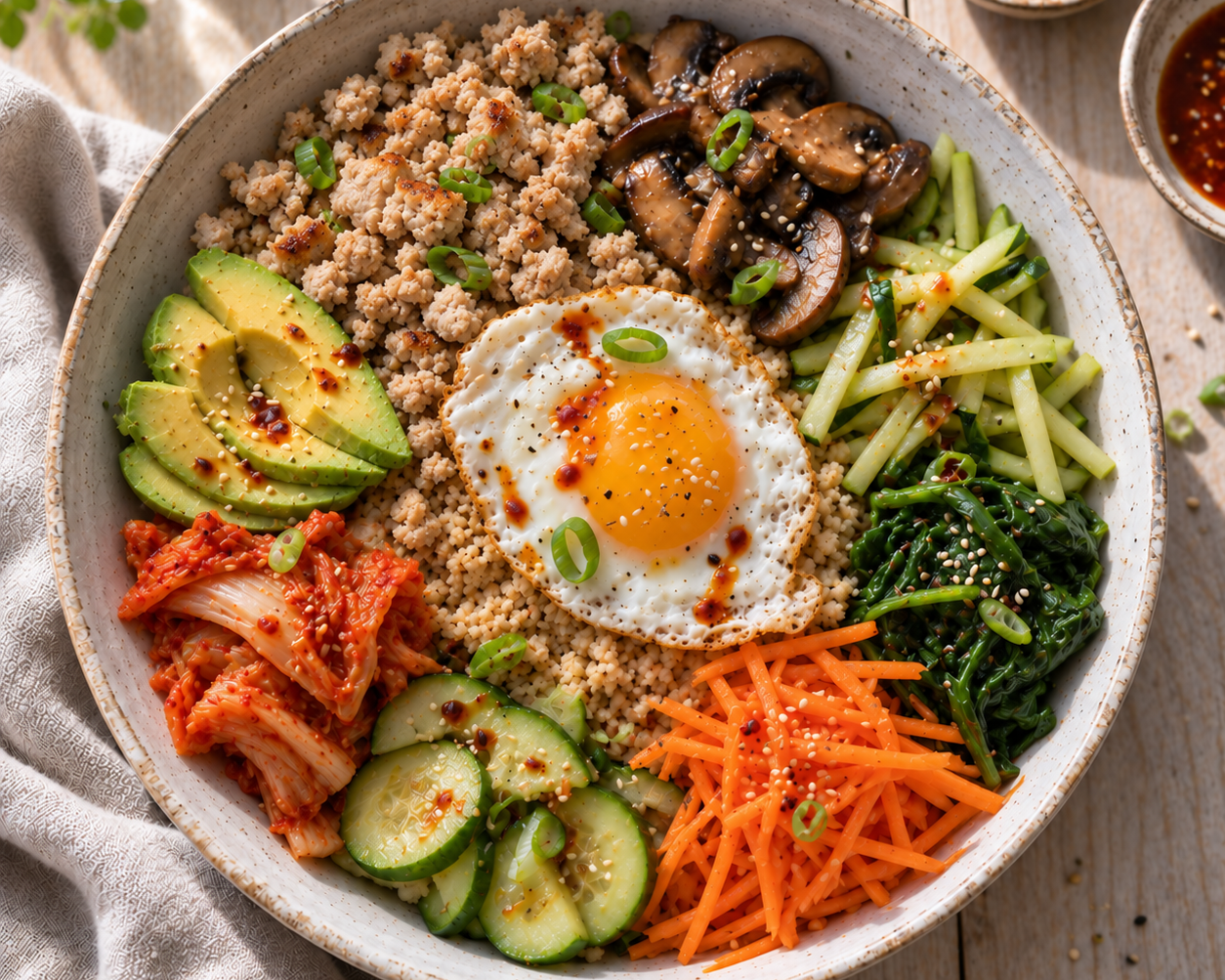  cauliflower rice, garlicky greens, jammy egg and kimchi
