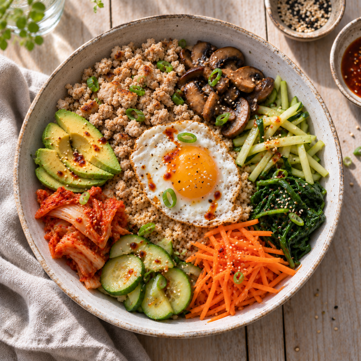  cauliflower rice, garlicky greens, jammy egg and kimchi