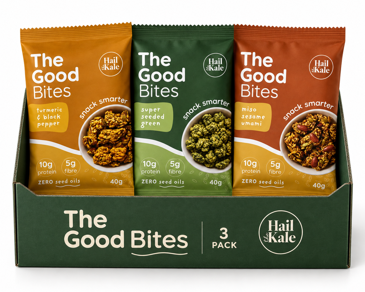 The Good Bites Discovery Trio, three seed oil free snack packs