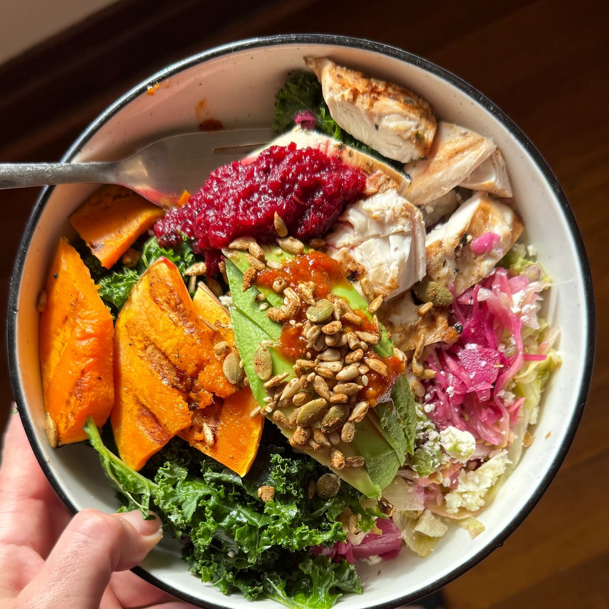 HTK spring bowl with kale, BBQ pumpkin, chicken, avocado, beetroot relish and OG Crunch