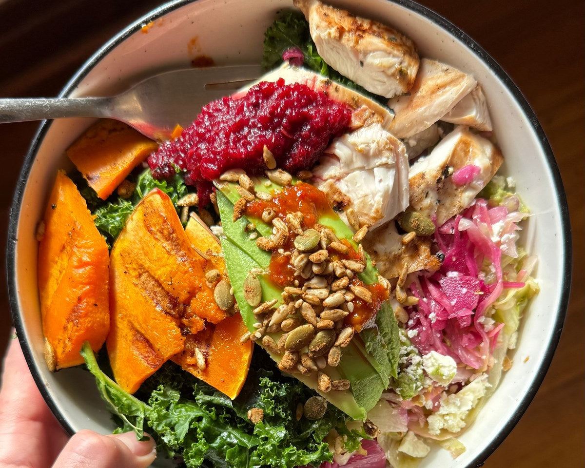 HTK spring bowl with kale, BBQ pumpkin, chicken, avocado, beetroot relish and OG Crunch