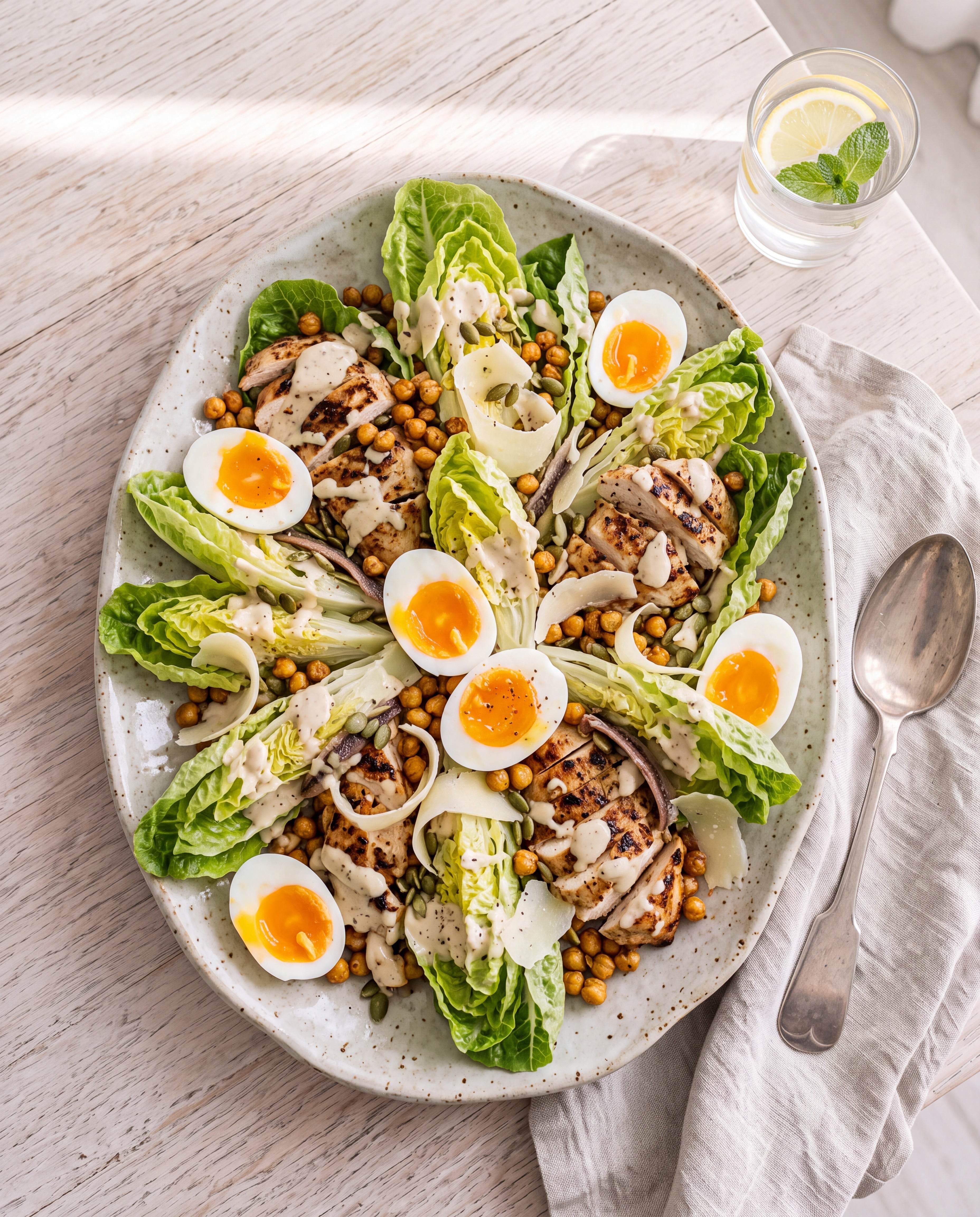 Grilled Chicken and Cos Caesar with Crispy Chickpeas