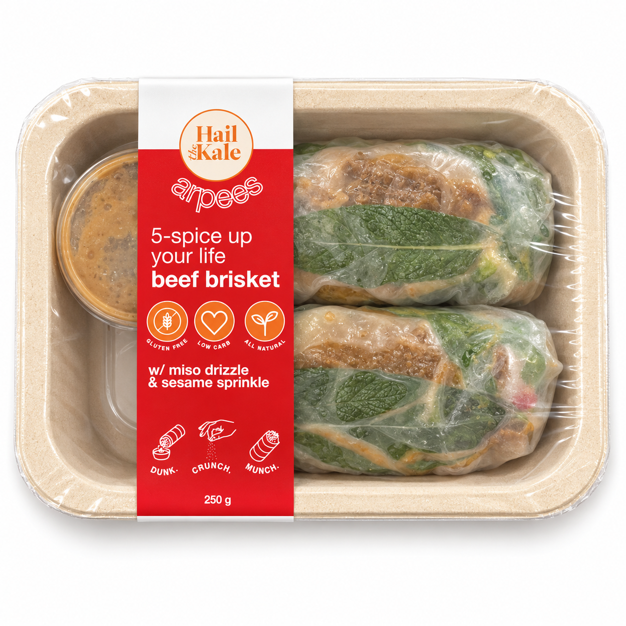 Hail the Kale Arpees 5-spice up your life beef brisket rice paper rolls, 250g pack with miso drizzle and sesame sprinkle