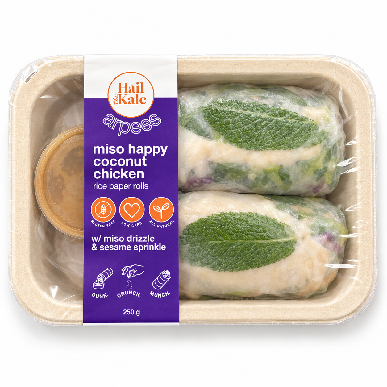 Hail the Kale Arpees miso happy coconut chicken rice paper rolls, 250g pack with miso drizzle and sesame sprinkle