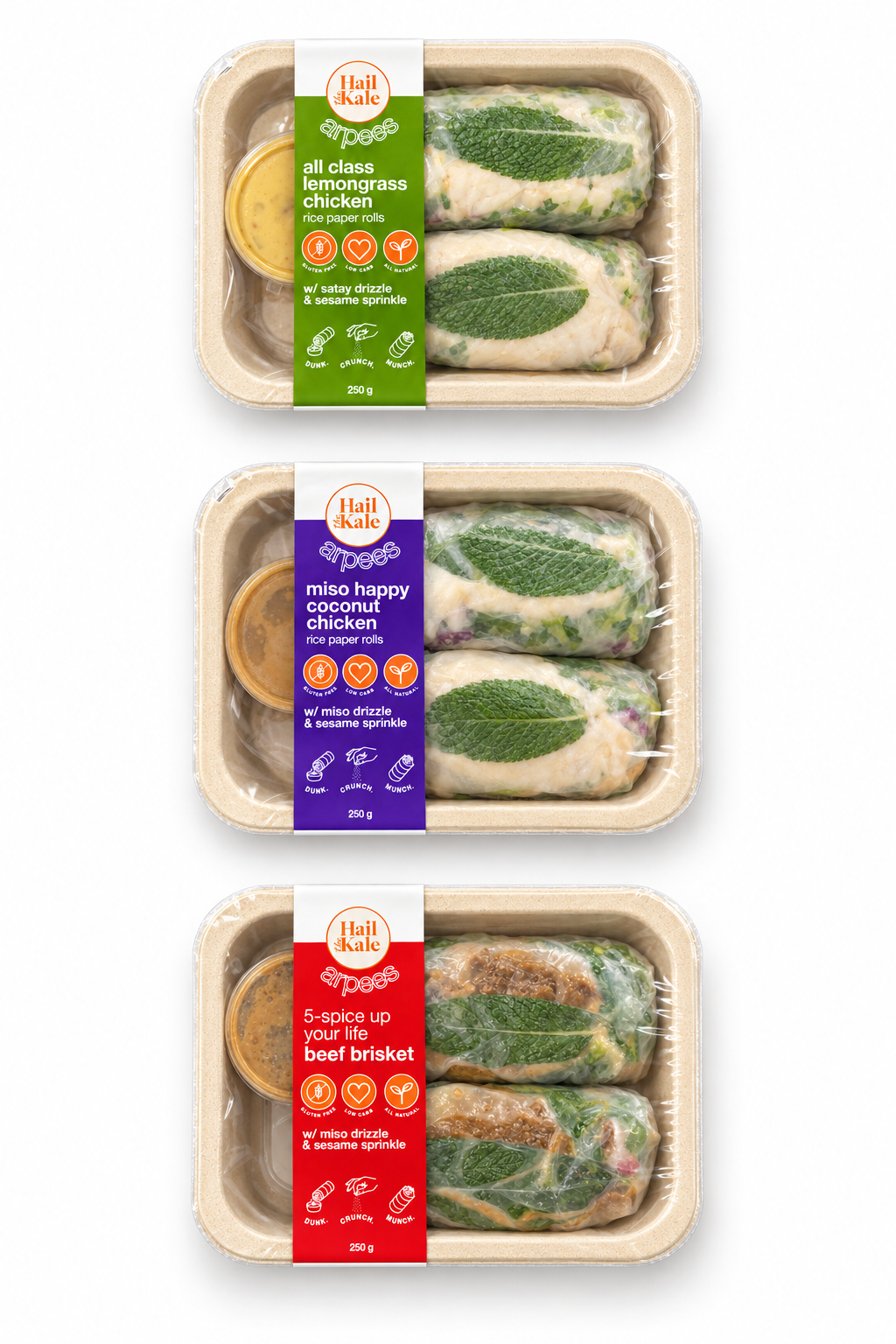 Hail the Kale Arpees mixed pack, all class lemongrass chicken, miso happy coconut chicken and 5-spice up your life beef brisket rice paper rolls, 250g each