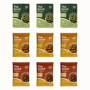 The Good Bites 9 Pack, nine 40g pouches in a three by three grid, three each of green, turmeric and miso
