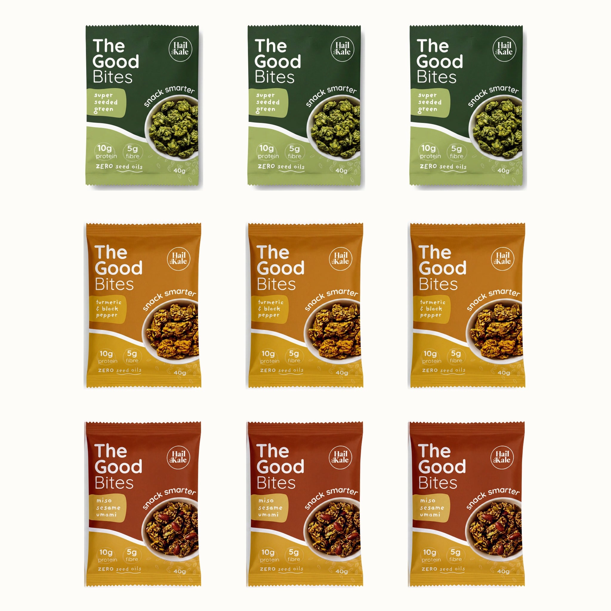 The Good Bites 9 Pack, nine 40g pouches in a three by three grid, three each of green, turmeric and miso
