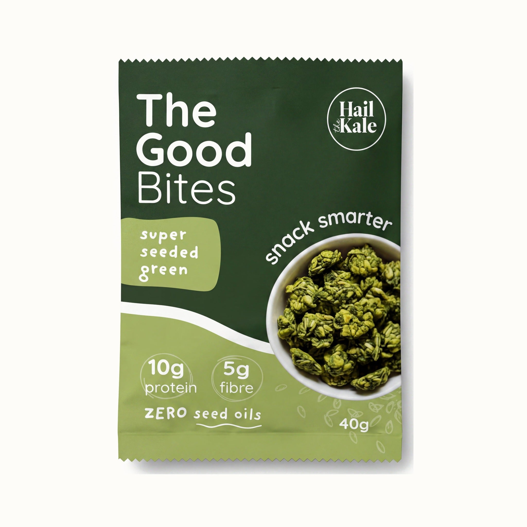 The Good Bites Super Seeded Green 40g pouch, green pack with a bowl of kale and seed clusters, 10g protein, 5g fibre, zero seed oils