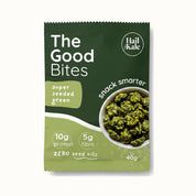 The Good Bites Super Seeded Green 40g pouch, green pack with a bowl of kale and seed clusters, 10g protein, 5g fibre, zero seed oils