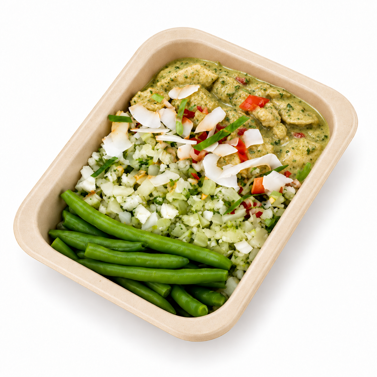 Hail the Kale Low Carb Thai Green Curry Chicken with cauliflower rice and green beans
